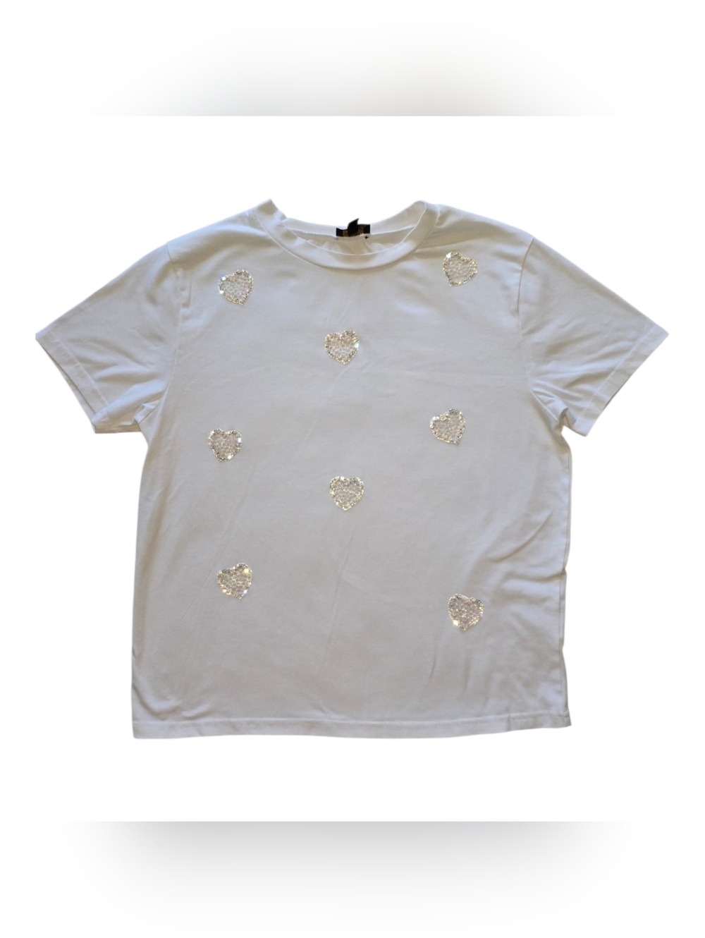 Twelve By Ontwelfth Rhinestone Heart Tee Scalloped Hem White Top Size M